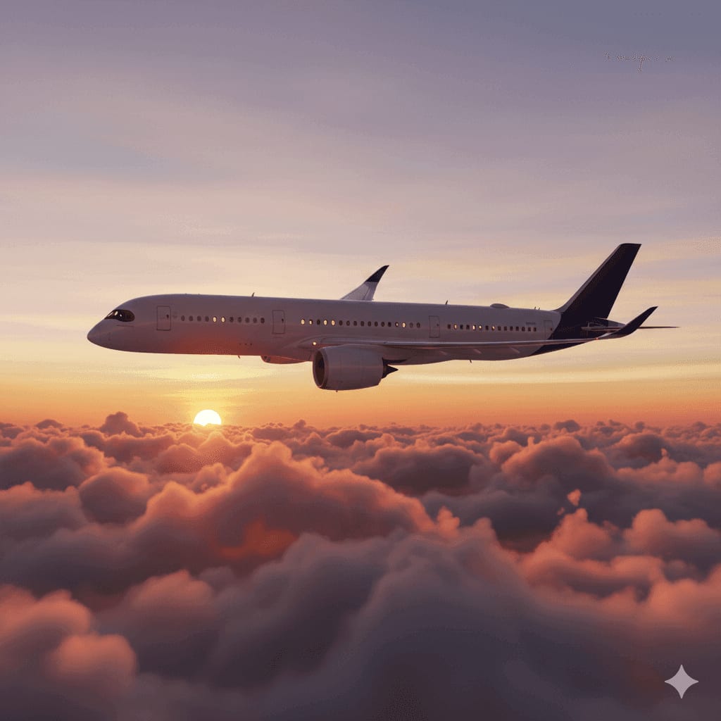 Discover Airlines Airbus A330 airplane flying above clouds at golden sunset — call 1(833) 308-3305 for customer service